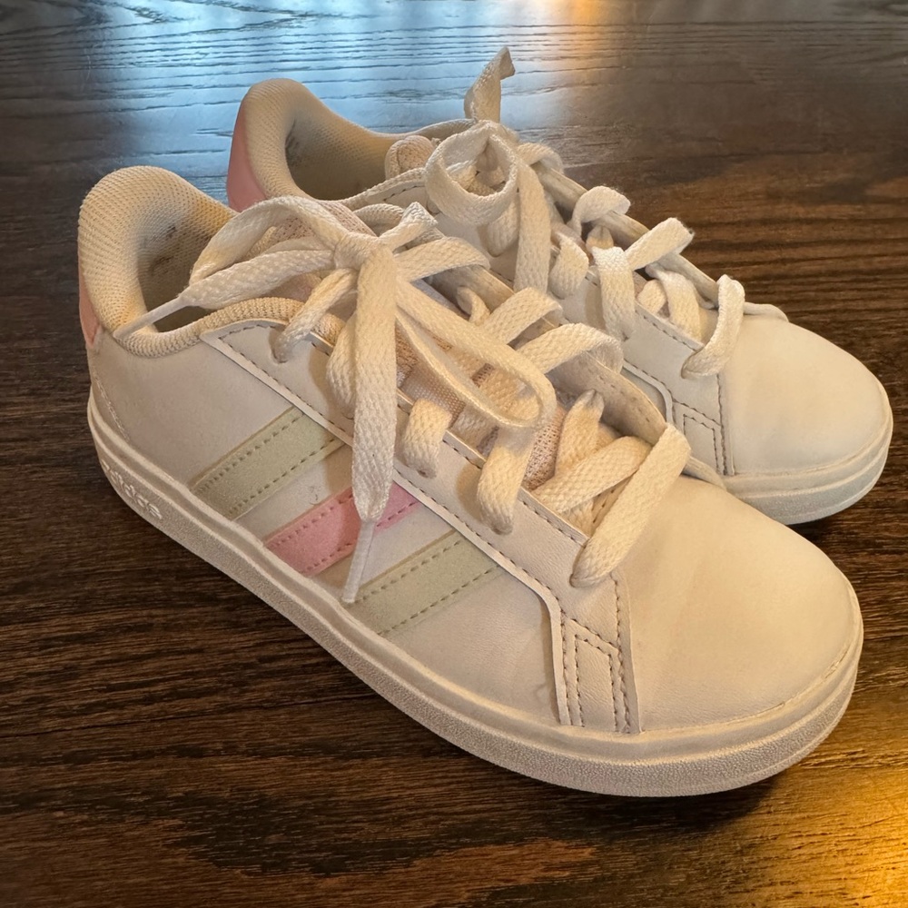 Adidas Grand Court Kids White Sneakers with Pink and Green Stripes 12